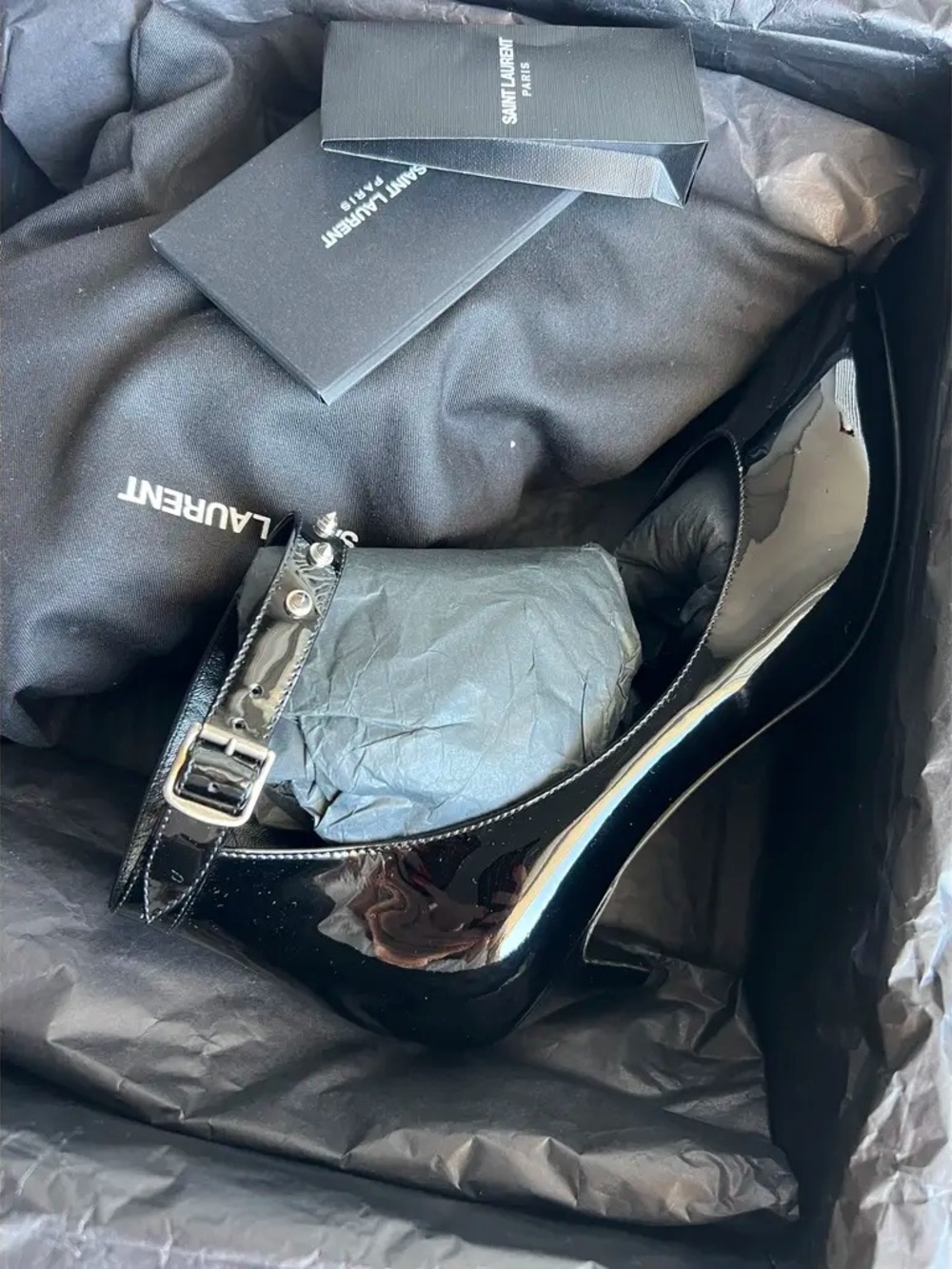 Saint Laurent Black Patent Leather Pointed Slingbacks with Silver Studs - Picture 6 of 6